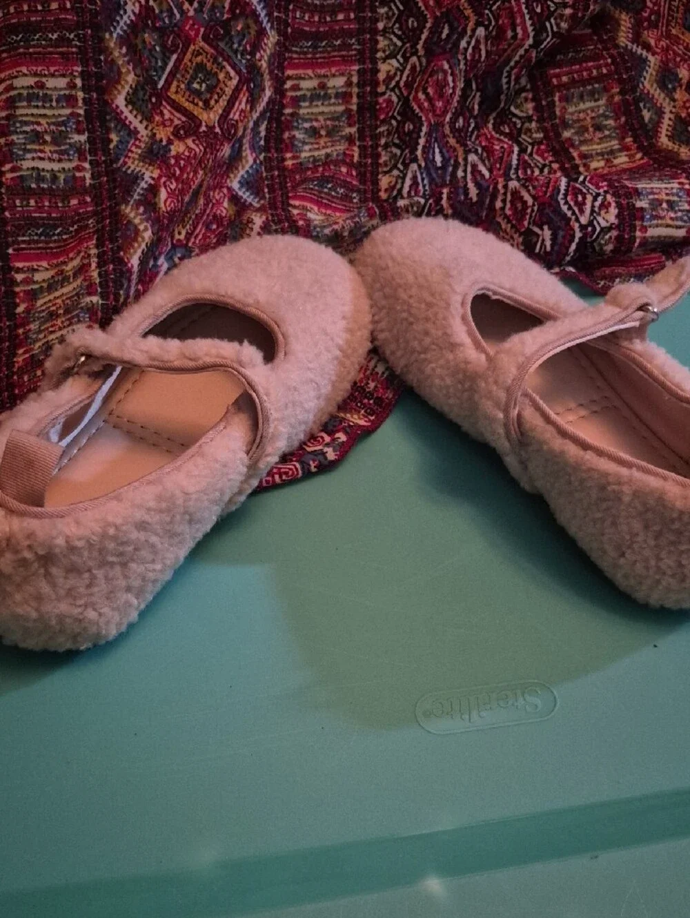 Zara Plush Mary Jane Slippers in Light Beige